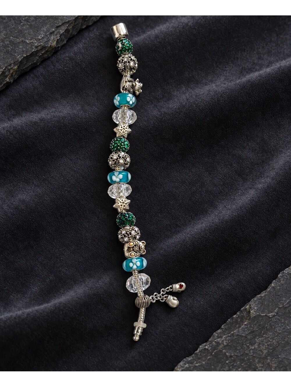Silver Tone Charm Bracelet Blue Green Floral Beads Star Charms